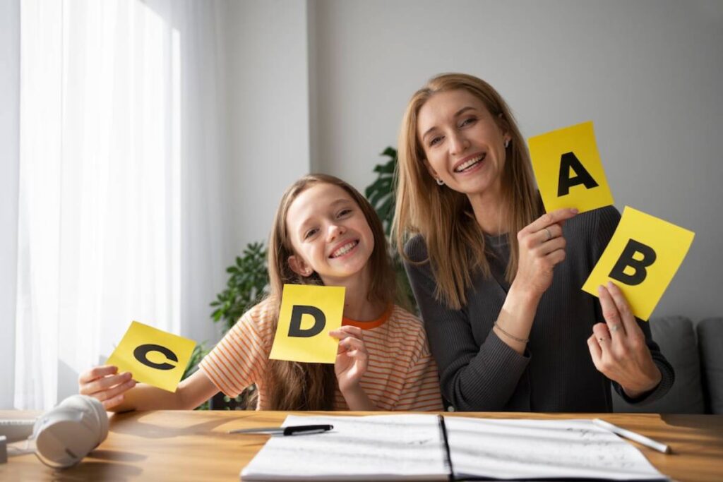 A woman and a child hold yellow cards labeled A, B, C, and D, smiling while sitting at a table with a notebook and headphones.
