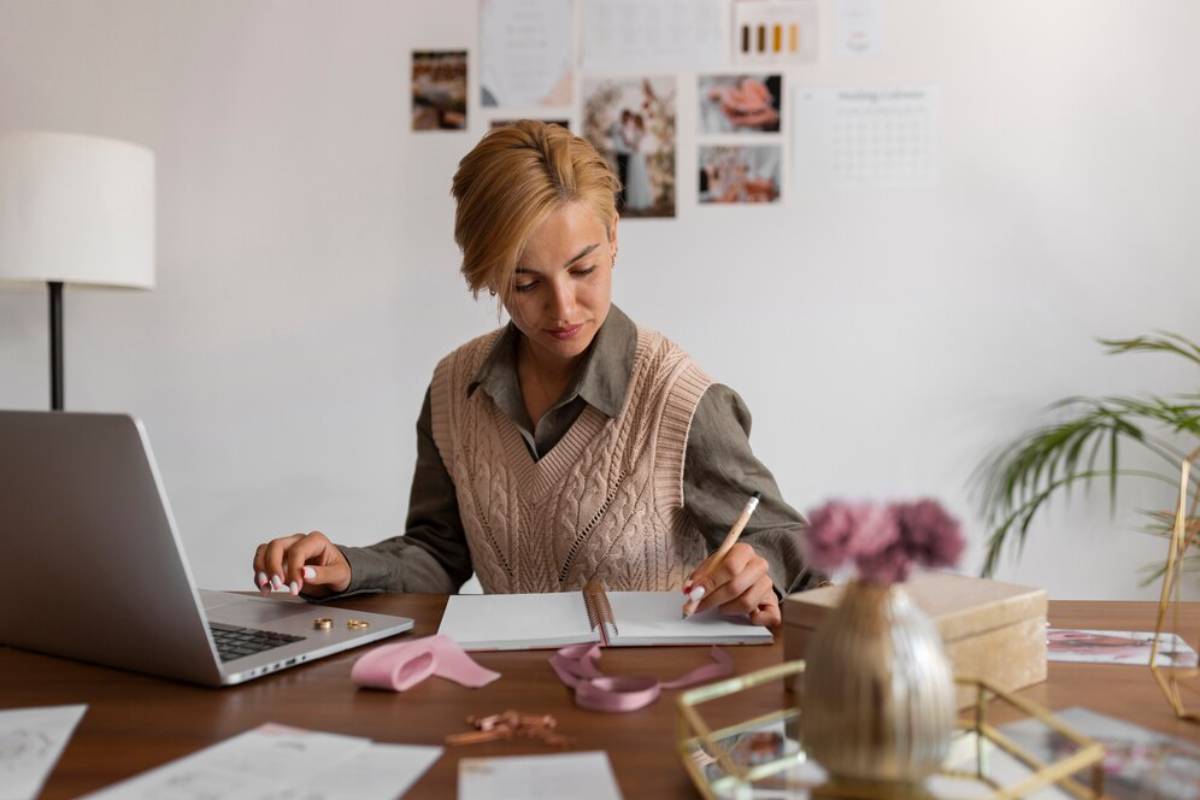 A person works at a wooden desk with a laptop, notebook, stationery, and decorative items surrounded by inspiring images on the wall. 