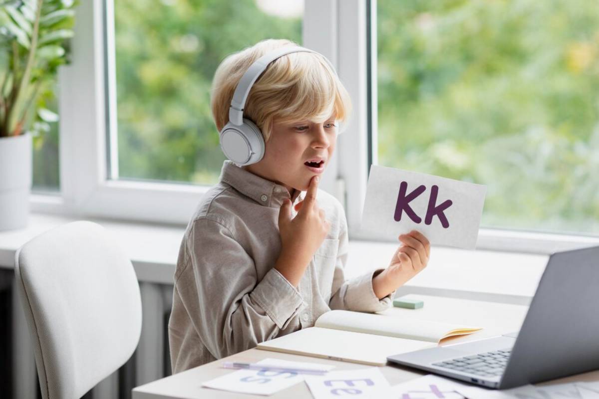 A child wearing headphones holds a card with the letters KK while sitting at a desk with a laptop and study materials, by a window.
