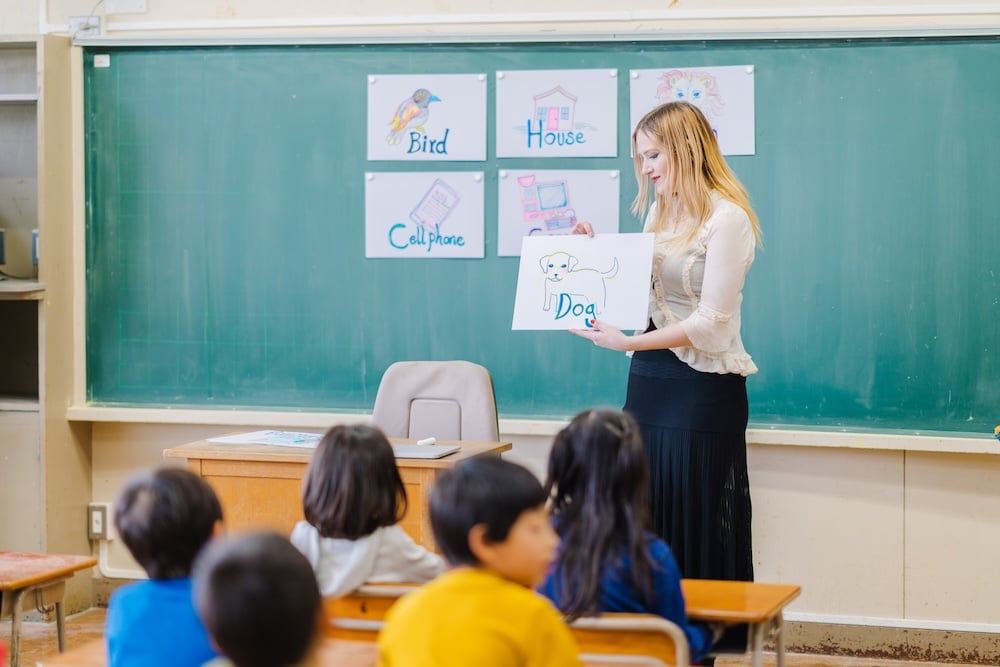 A teacher stands in front of a chalkboard showing a drawing of a dog to a group of attentive young students in a classroom setting.