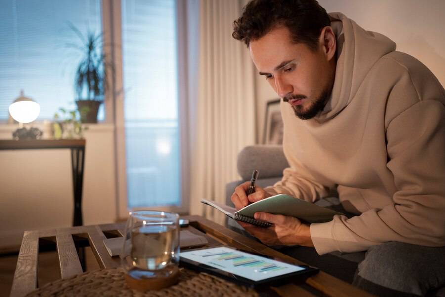 A person wearing a beige hoodie sits on a sofa, writing in a notebook, with a tablet displaying graphs and a glass of water nearby. 