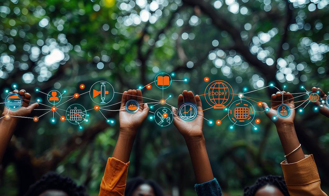 Diverse hands raised in a forest, connected by digital icons illustrating communication, education, and data exchange. 