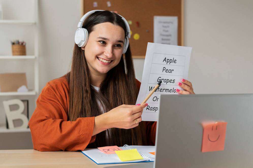 A woman wearing headphones holds a sheet of paper with fruit options while sitting at a desk with a laptop and colorful notes. 